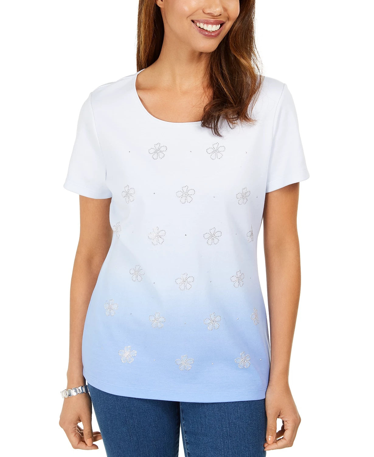 Karen Scott Women's Daisy-Shine Scoop-Neck Top Blue Size Large