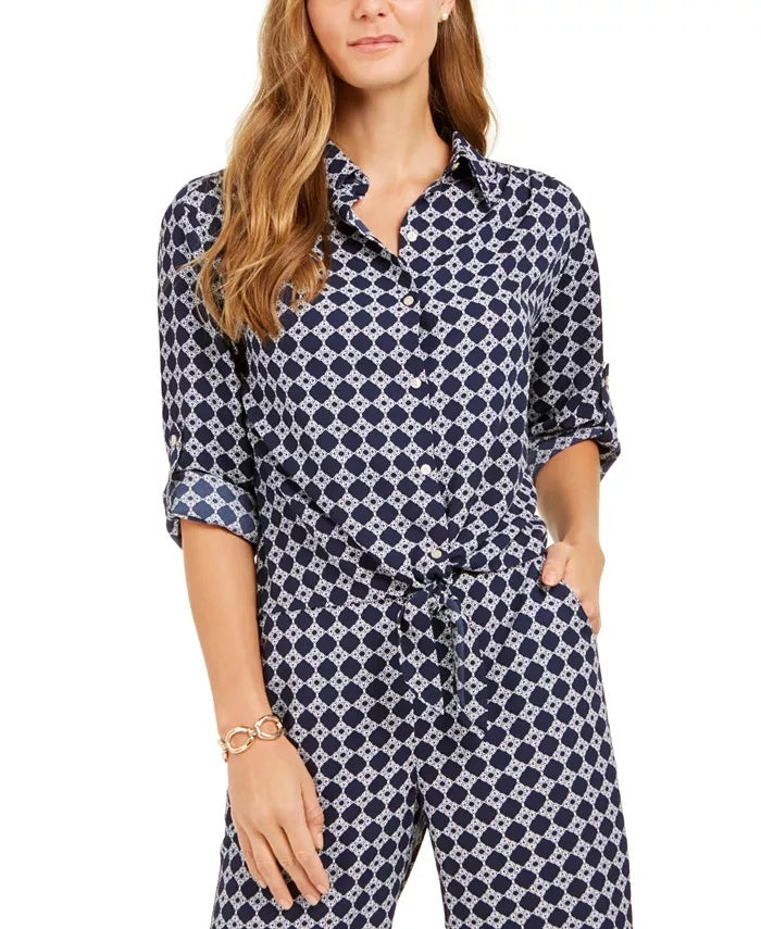 Charter Club Women's Printed Tie-Front Woven Top Blue Size Medium