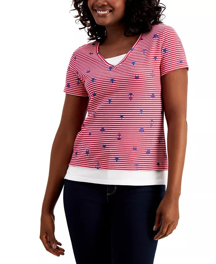 Karen Scott Women's Petite Sailor T-Shirt Bright Red Size Medium