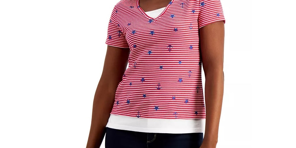 Karen Scott Women's Petite Sailor T-Shirt Bright Red Size Medium