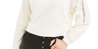 Bar III Women's Ivory Embellished Long Sleeve Jewel Neck T-Shirt Top White Size X-Small