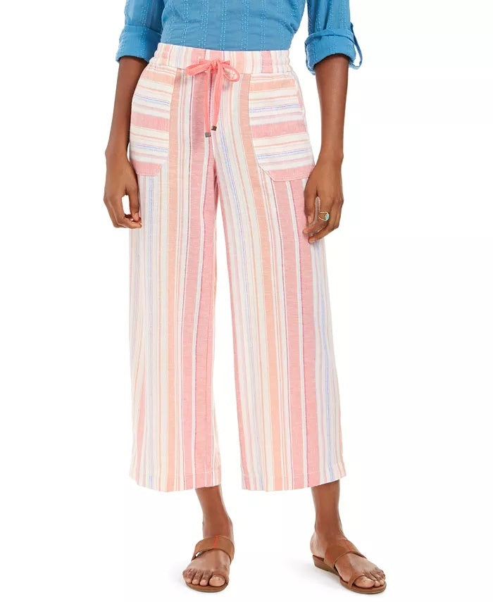 Style & Co Women's Striped Linen Cropped Pants Pink Size Small
