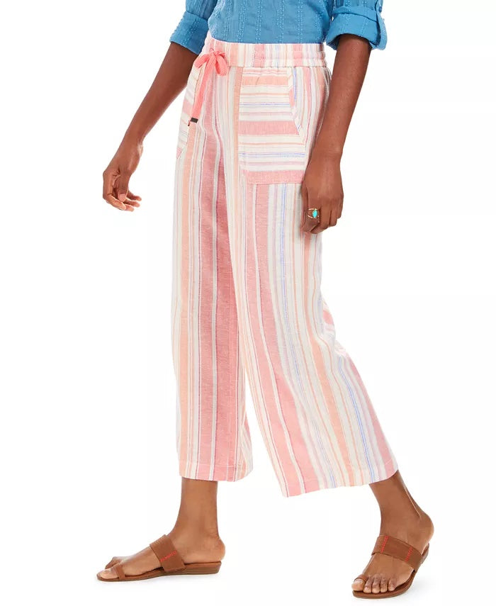Style & Co Women's Striped Linen Cropped Pants Pink Size Small