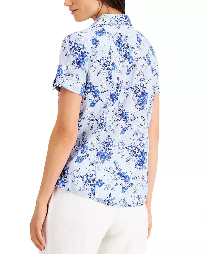 Karen Scott Women's Petite Tuscan Garden Cotton Shirt Blue Size Petite