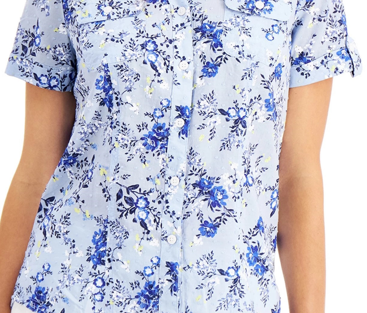 Karen Scott Women's Petite Tuscan Garden Cotton Shirt Blue Size Petite