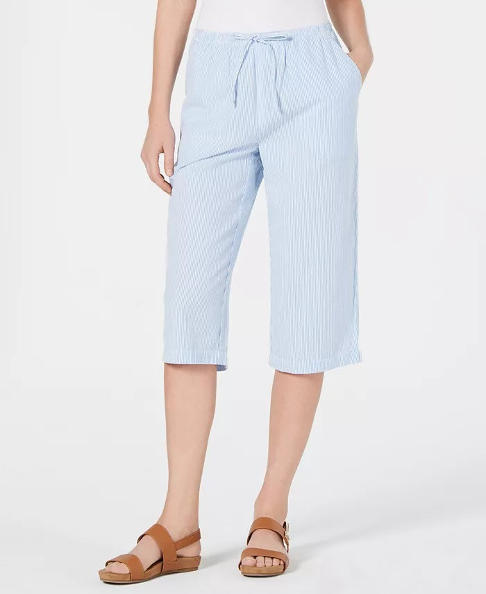 Karen Scott Women's Cotton Seersucker Capri Pants Blue Size Small