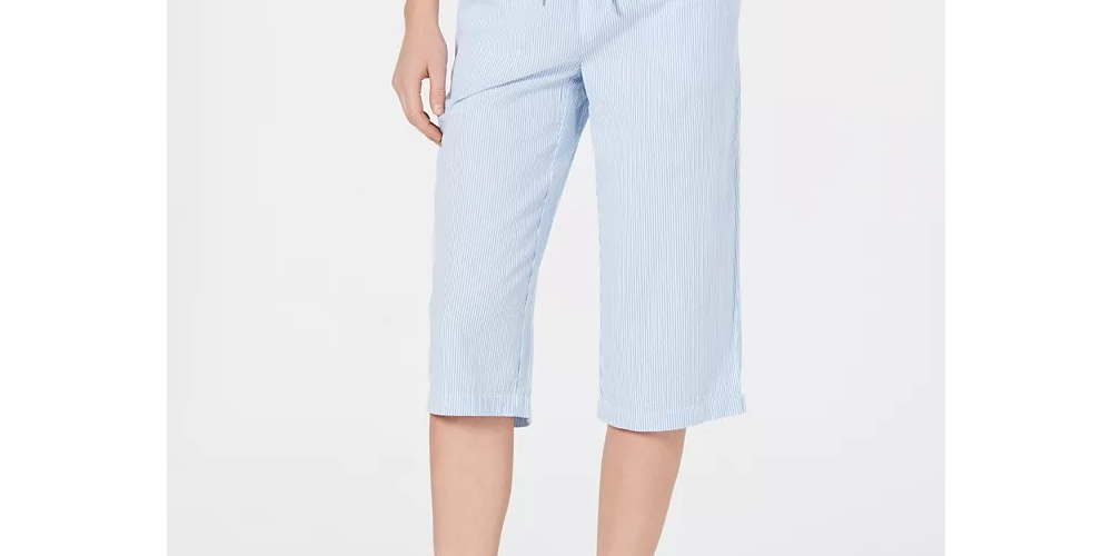 Karen Scott Women's Cotton Seersucker Capri Pants Blue Size Small