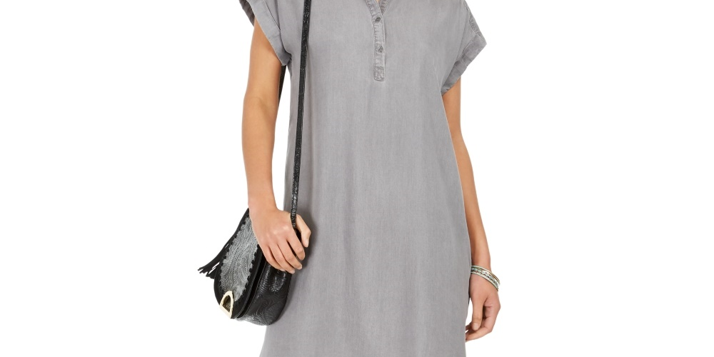 Style & Co Women's High Low Chambray Shirt Dress  Grey Size X-Large