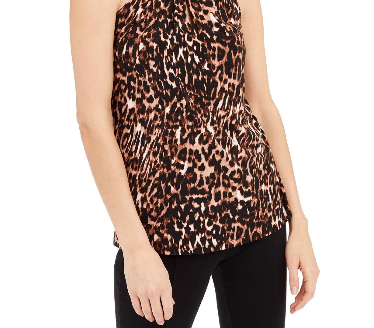 INC International Concepts Women's Petite Cat-Print Keyhole-Neck Top Black Size Medium