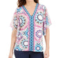 JM Collection Women's Printed Studded Top Navy Size Medium