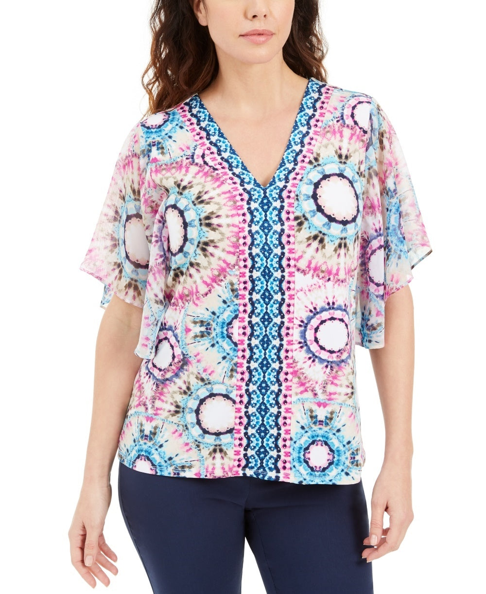 JM Collection Women's Printed Studded Top Navy Size Medium