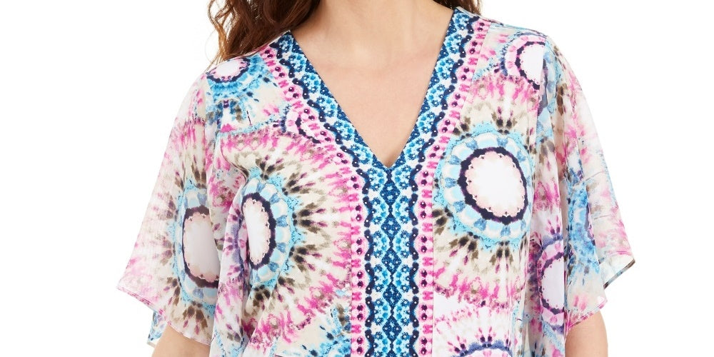 JM Collection Women's Printed Studded Top Navy Size Medium