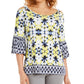 JM Collection Women's Printed Grommet Cold Shoulder Top Navy Size Medium