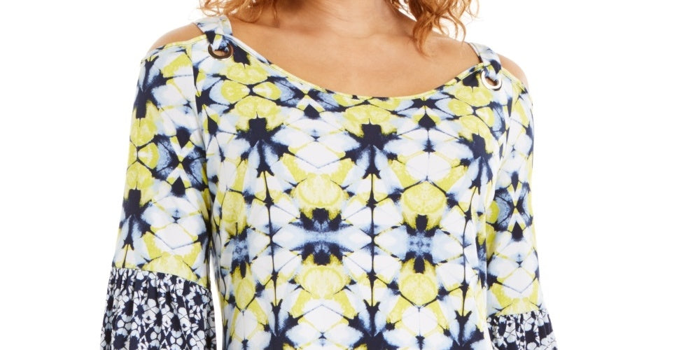 JM Collection Women's Printed Grommet Cold Shoulder Top Navy Size Medium