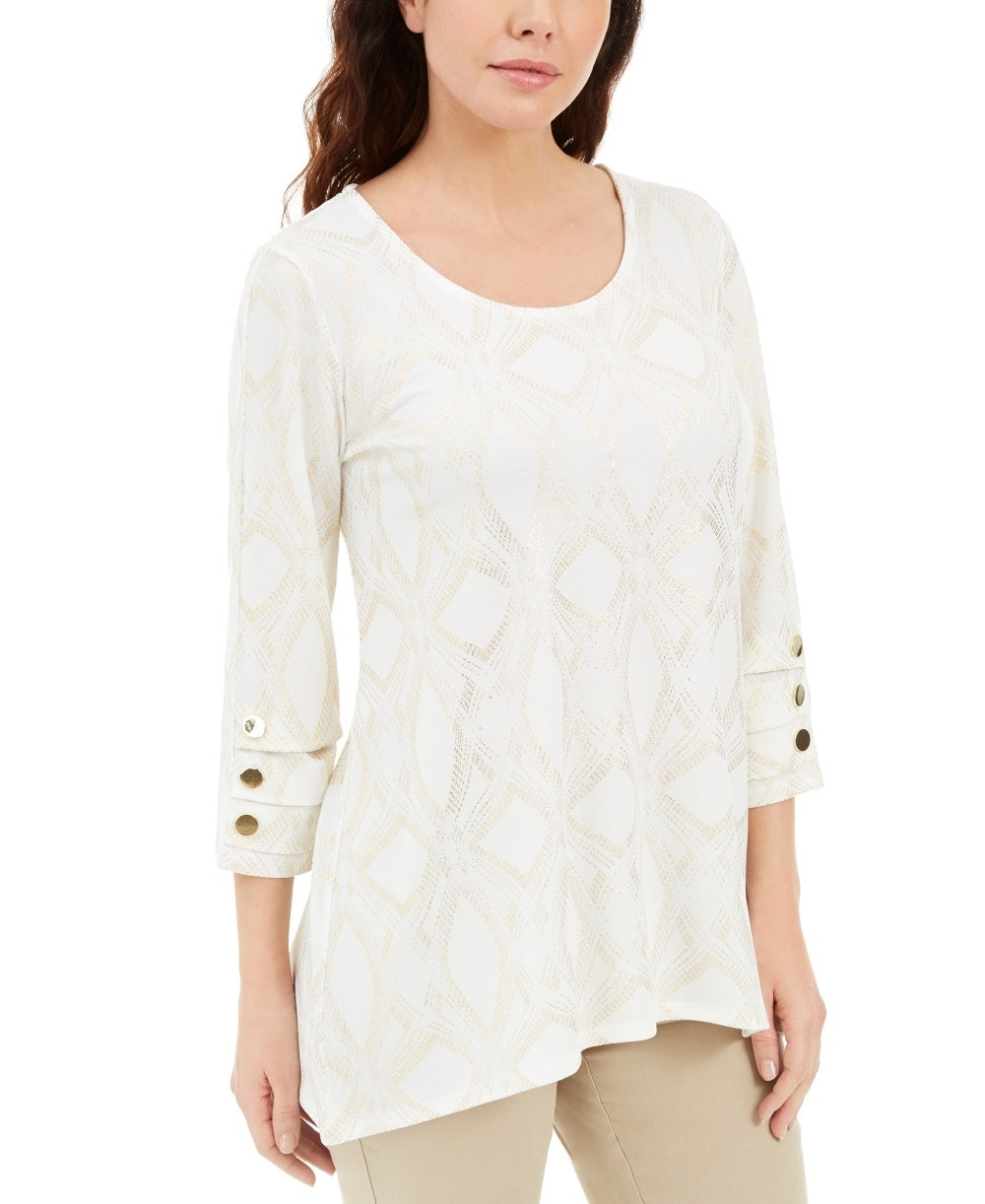 JM Collection Women's Metallic Print Buttoned Cuff Top  White Size Small