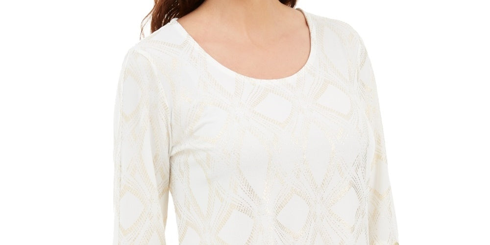 JM Collection Women's Metallic Print Buttoned Cuff Top  White Size Small