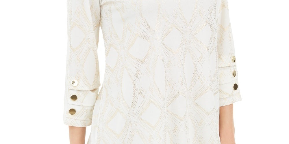 JM Collection Women's Metallic Print Buttoned Cuff Top  White Size Small