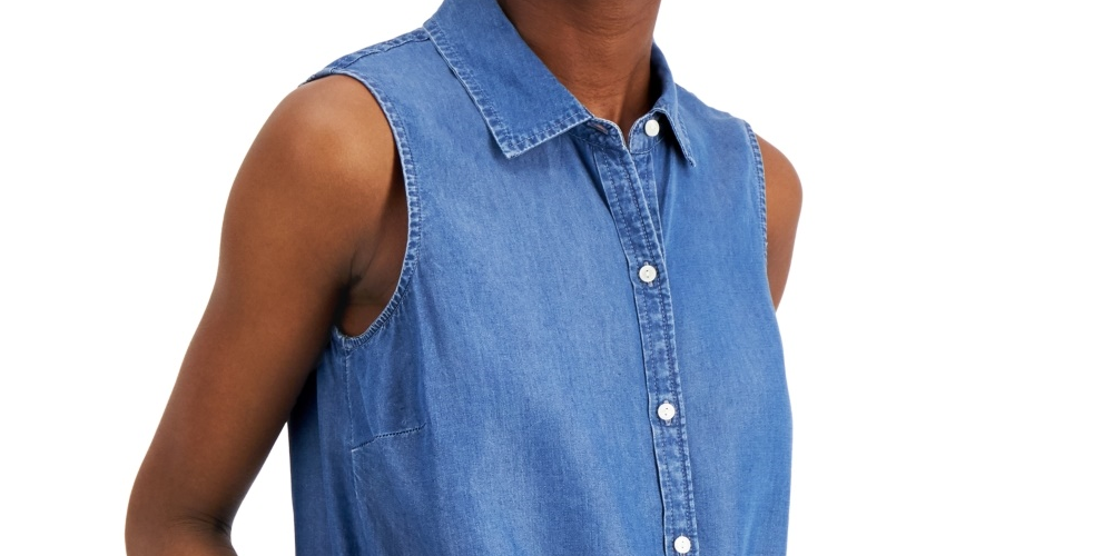 Charter Club Women's Cotton Tie Hem Sleeveless Shirt Blue Size 18