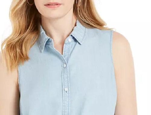 Charter Club Women's Cotton Chambray Tie-Front Top Blue Size 2 Petite