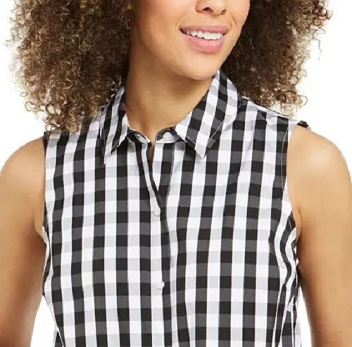 Charter Club Women's Gingham-Print Tie-Hem Shirt Black Size 12