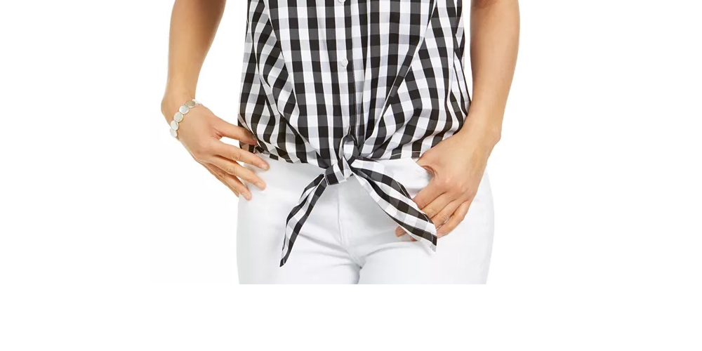 Charter Club Women's Gingham-Print Tie-Hem Shirt Black Size 12
