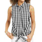 Charter Club Women's Shirt Gingham Button Front Tie Hem Black Size 8