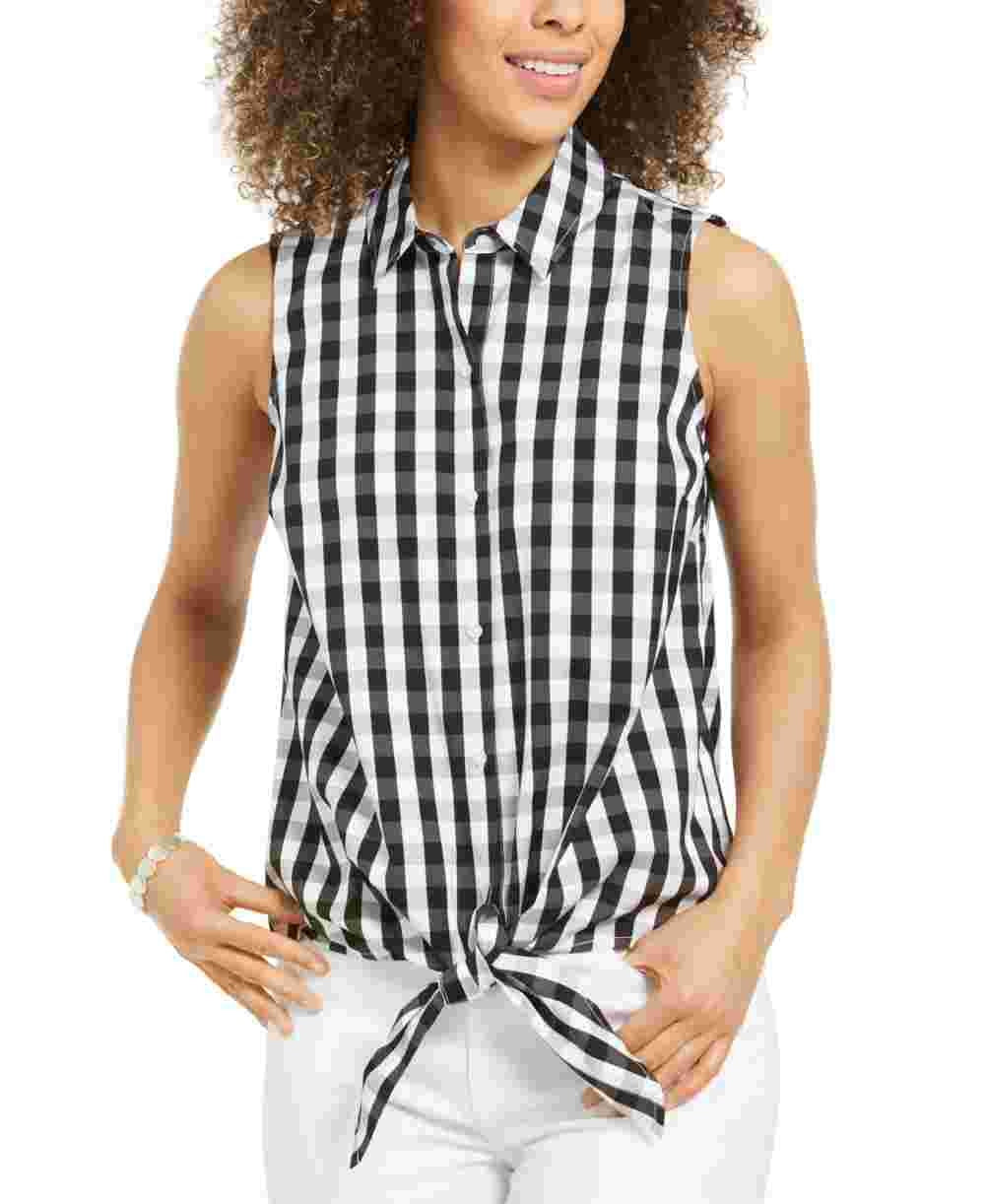 Charter Club Women's Shirt Gingham Button Front Tie Hem Black Size 8