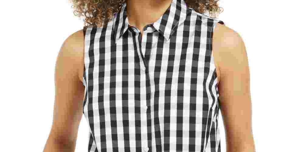 Charter Club Women's Shirt Gingham Button Front Tie Hem Black Size 8