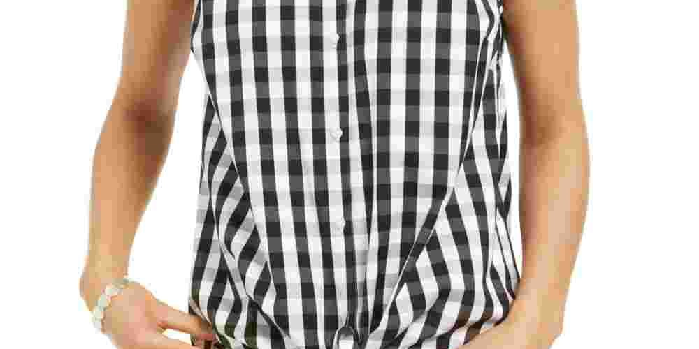 Charter Club Women's Shirt Gingham Button Front Tie Hem Black Size 8
