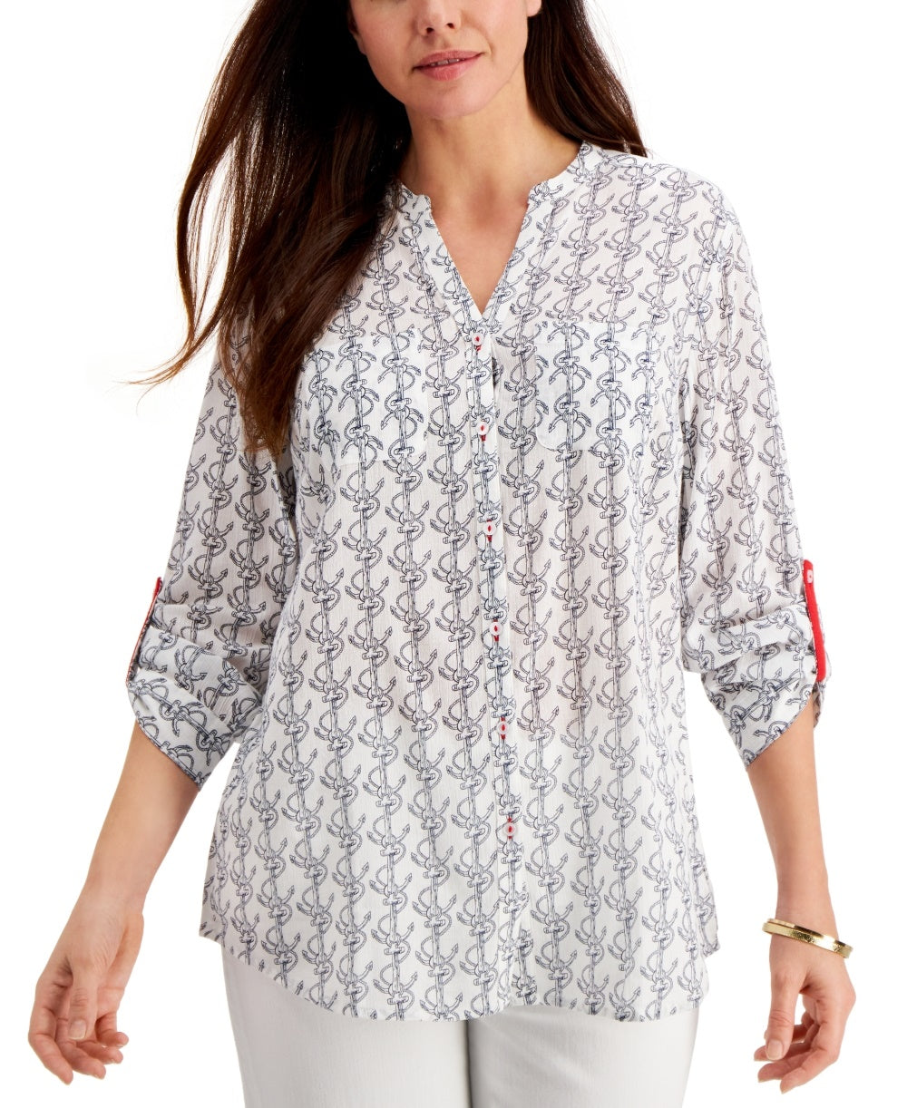 Charter Club Women's Anchor Print Shirt White Size X-Large
