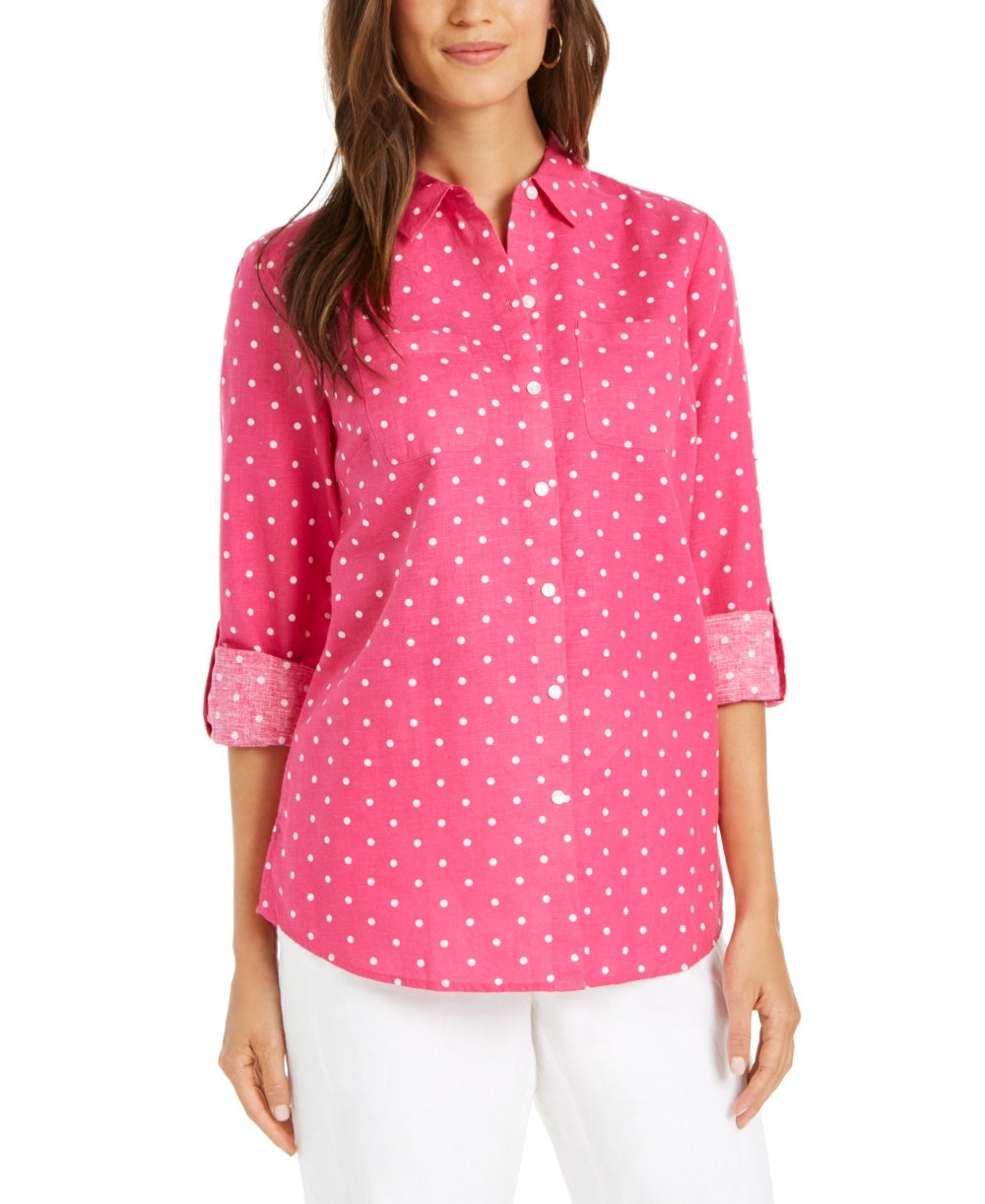 Charter Club Women's Linen Blend Dot Print Blouse Pink Size Small
