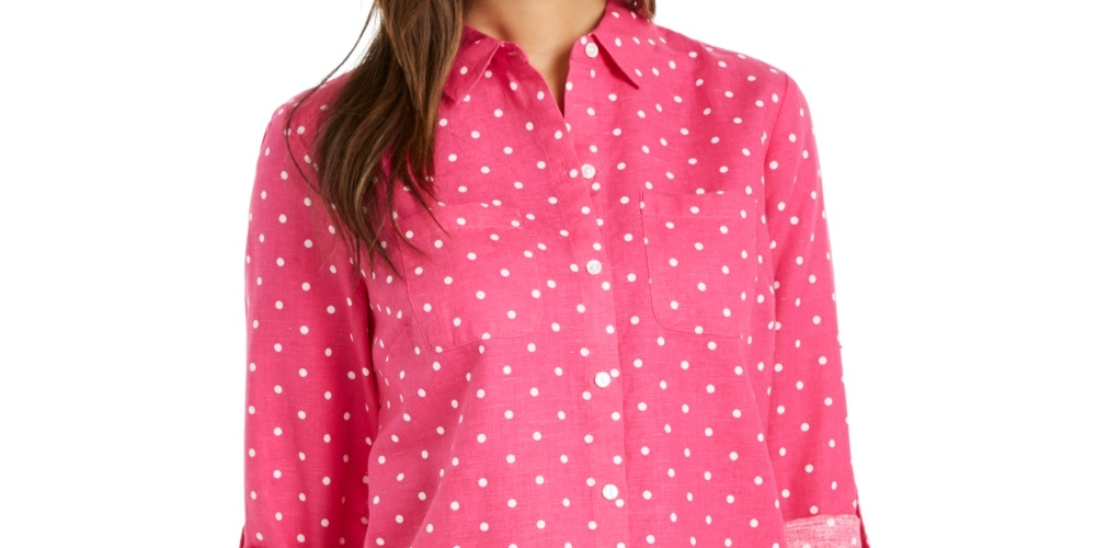 Charter Club Women's Linen Blend Dot Print Blouse Pink Size Small
