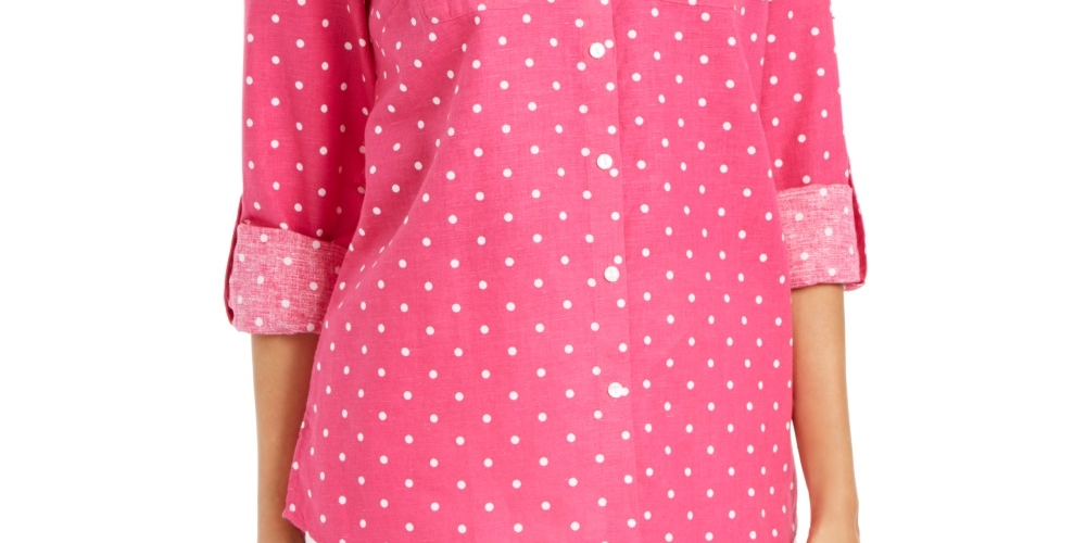 Charter Club Women's Linen Blend Dot Print Blouse Pink Size Small