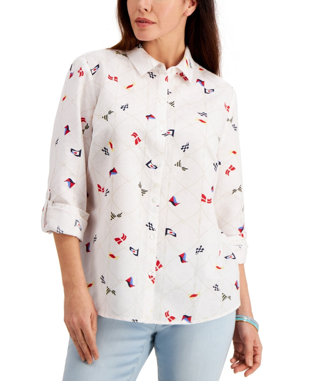 Charter Club Women's Linen Nautical Print Blouse White Size Medium