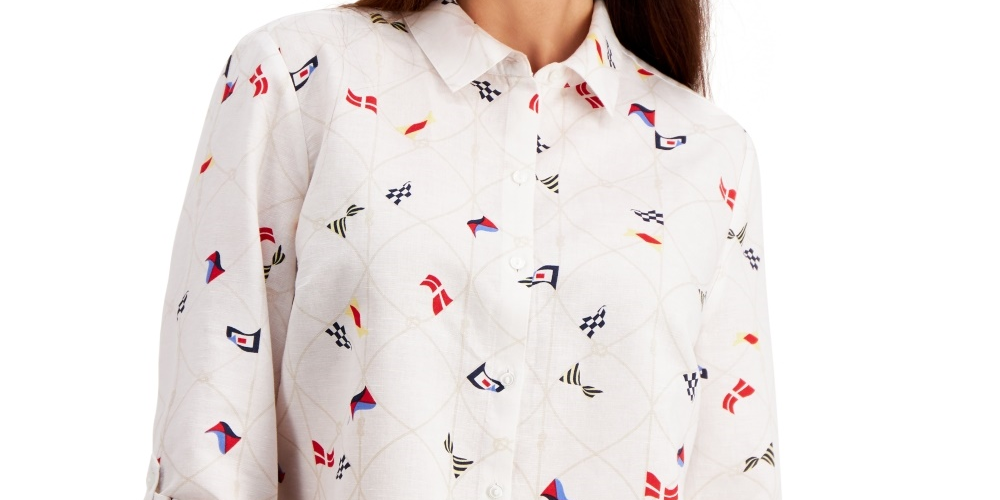 Charter Club Women's Linen Nautical Print Blouse White Size Medium