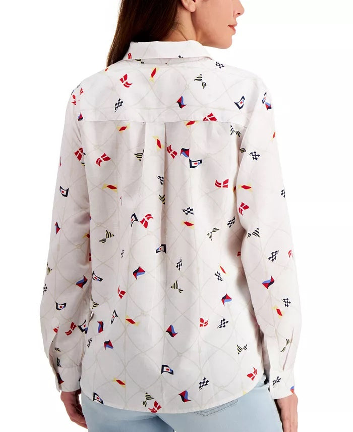 Charter Club Women's Linen Nautical-Print Blouse White Size X-Large