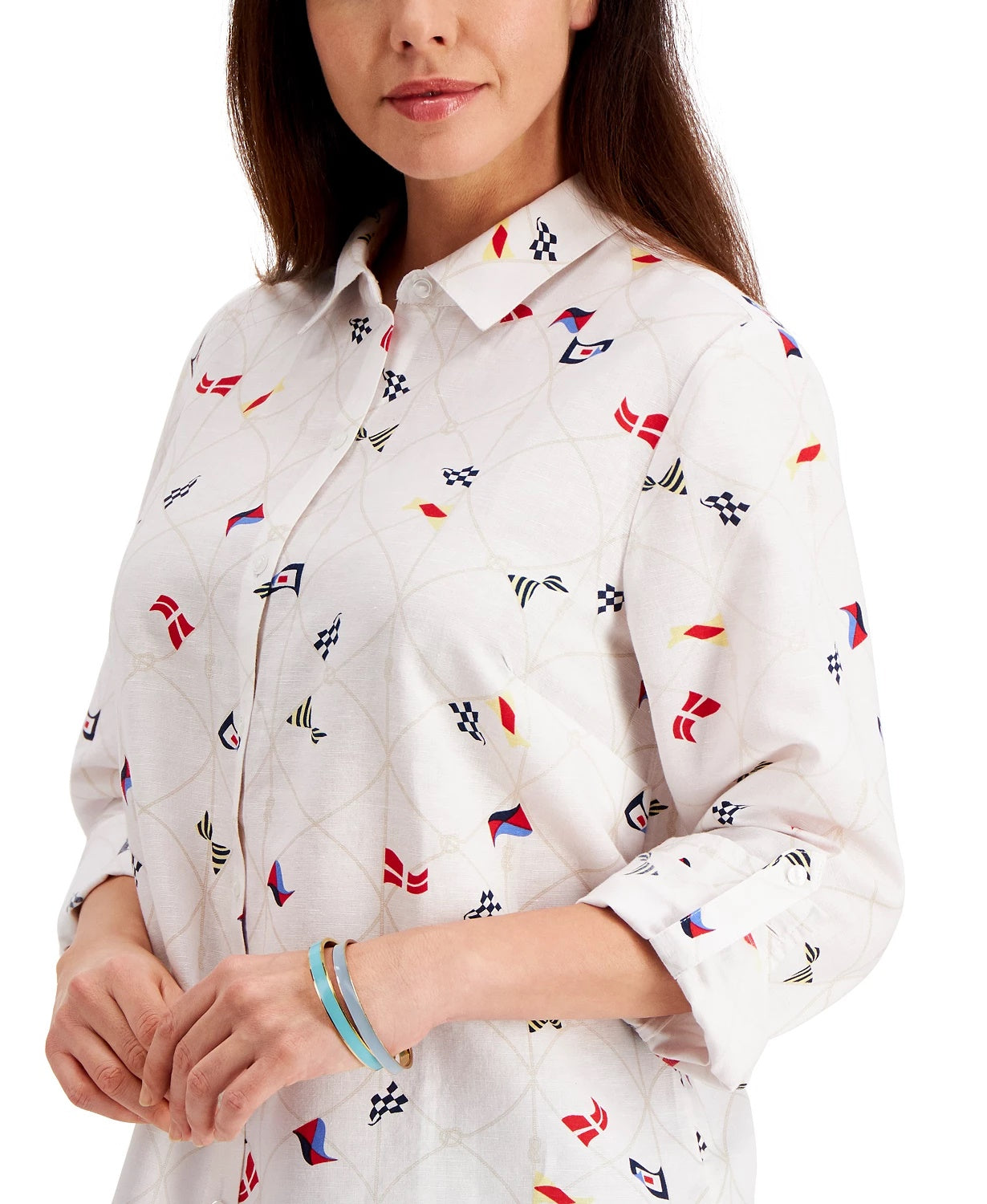 Charter Club Women's Linen Nautical-Print Blouse White Size X-Large