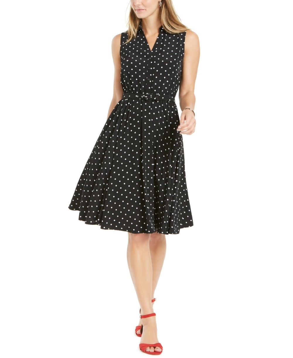 Charter Club Women's Dot Print Belted Shirtdress  Black Size 16