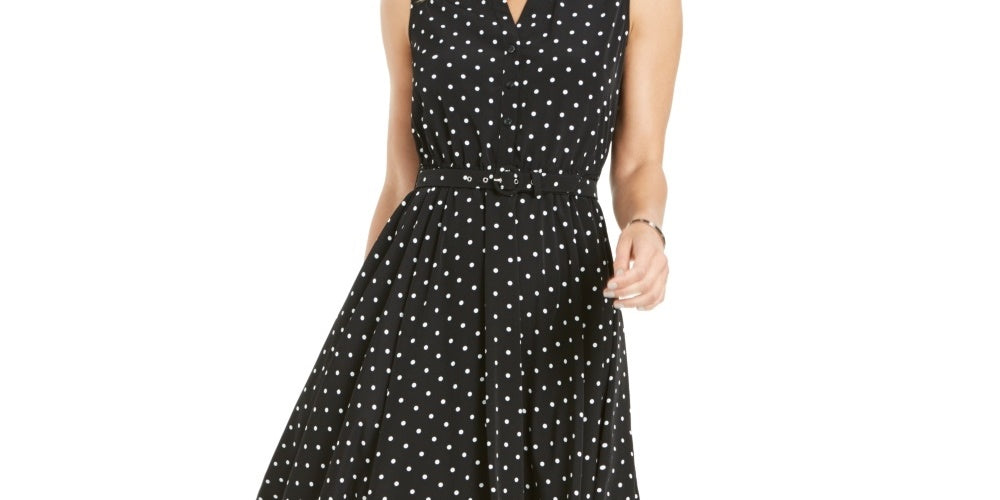 Charter Club Women's Dot Print Belted Shirtdress  Black Size 16