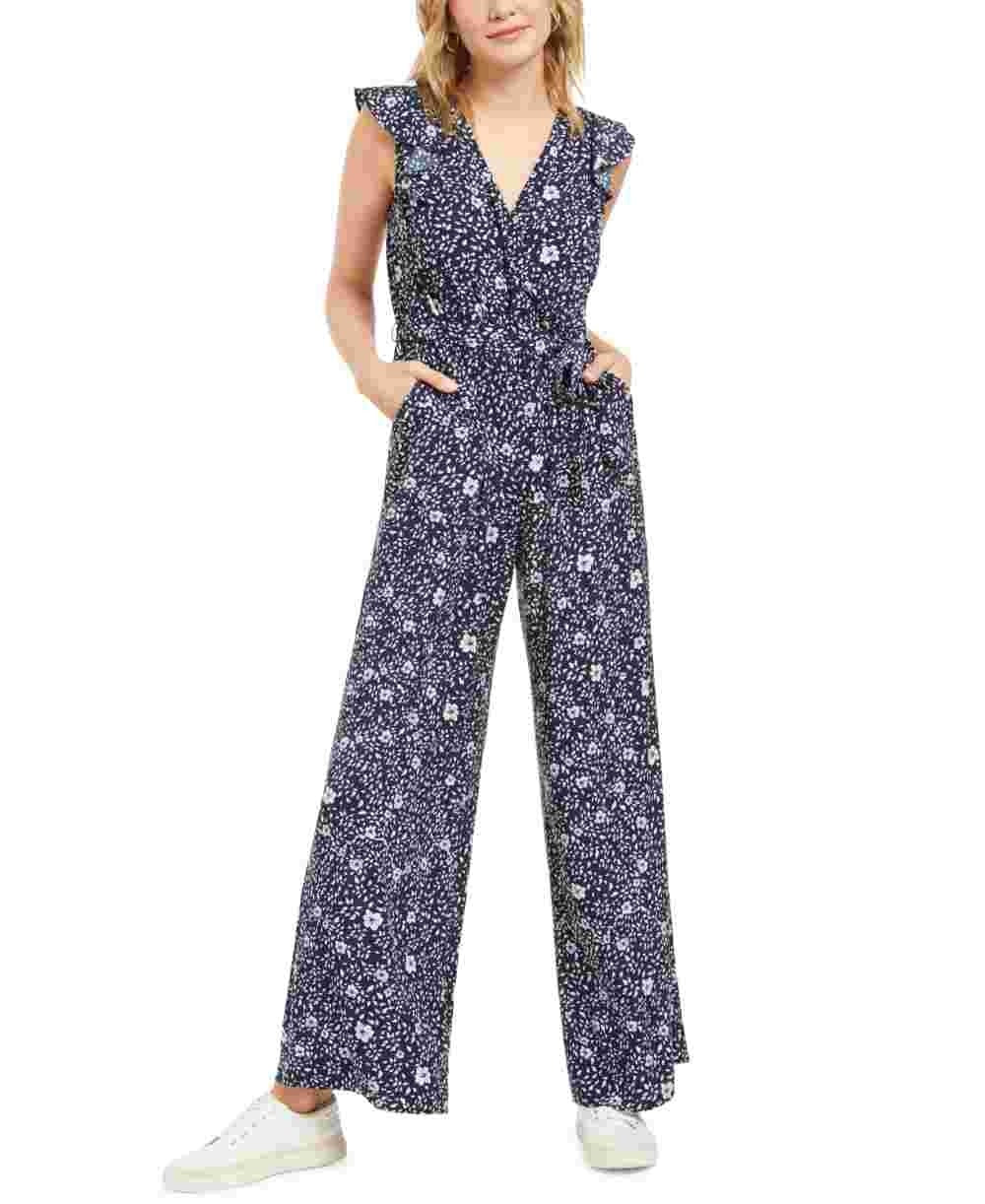 Charter Club Women's Printed Belted Jumpsuit Blue Size 10