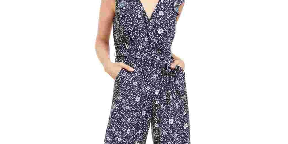 Charter Club Women's Printed Belted Jumpsuit Blue Size 10