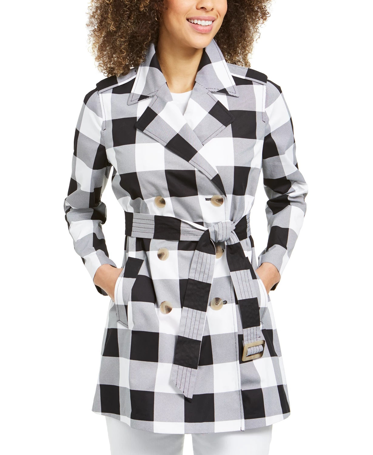 Charter Club Women's Checkered Trench Coat Black Size Large