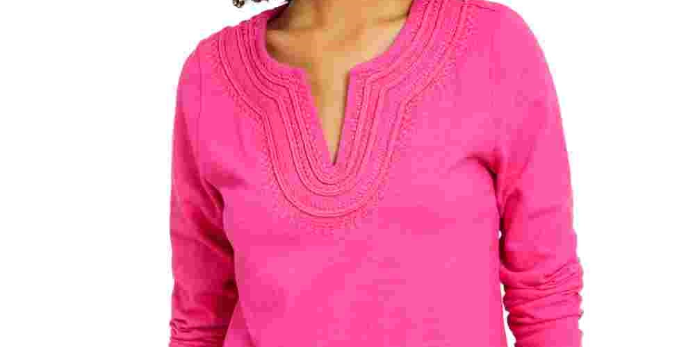 Charter Club Women's Cotton Embroidered Top Pink Size Small