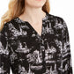 Charter Club Women's Printed Split-Neck Top Black Size Extra Large