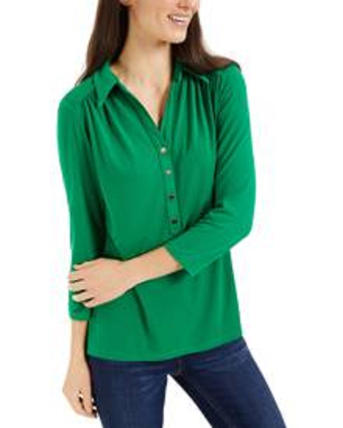 Charter Club Women's 3/4 Sleeve Printed Polo Top Bright Green Size Medium