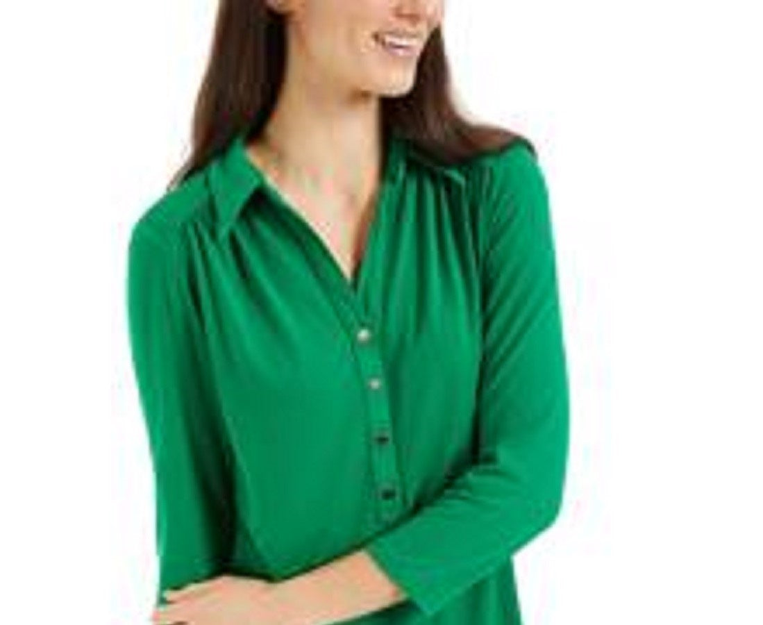 Charter Club Women's 3/4 Sleeve Printed Polo Top Bright Green Size Medium