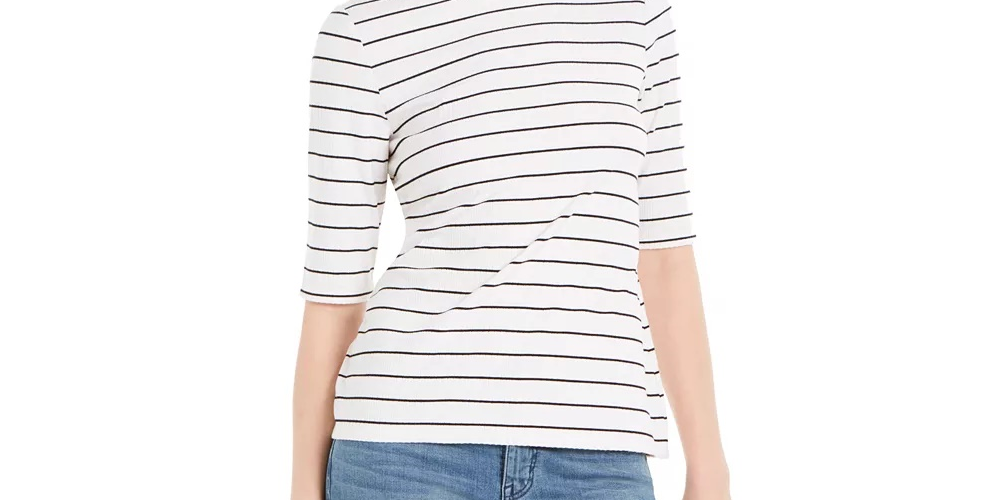 Charter Club Women's Striped Mock Neck Top White Size X-Large
