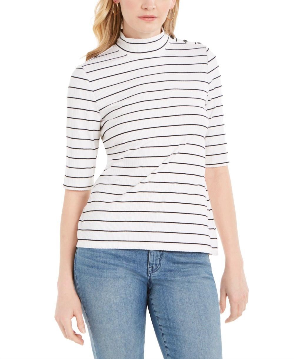 Charter Club Women's Striped Mock Neck Top White Size X-Small