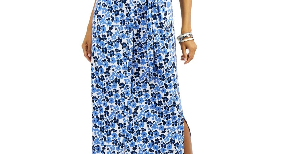 Charter Club Women's Tie Waist Maxi Dress Blue Size Medium