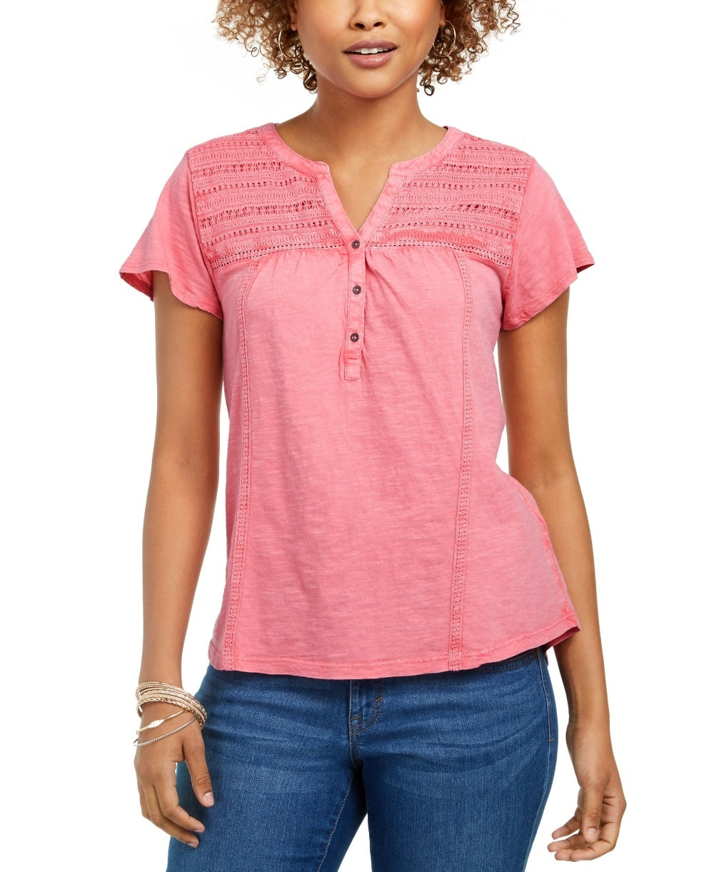Style & Co Women's Split-Neck Top Bright Pink Size X-Small